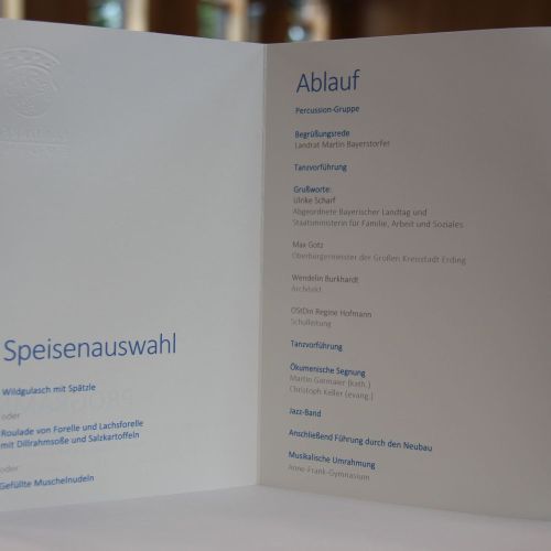 Speisekarte Turnhalleneinweihung